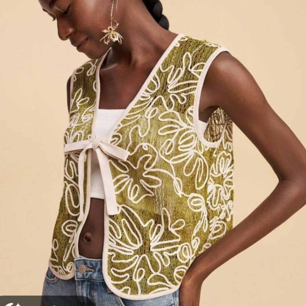 SHEIN Green Floral Soutache Mesh Tie Front Cropped Vest Small sz2411028980851
